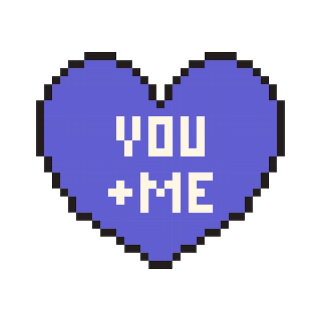 Pixel corazón con texto Tú y yo en estilo retro Símbolo de amor vintage Ilustración vectorial de 8 bits