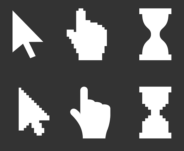 Pixel cursores iconos ratón mano flecha reloj de arena ilustración vectorial
