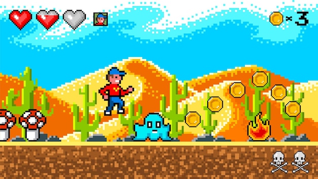 Pixel desierto el personaje del juego recoge monedas pasando niveles y número de vidas objetos de arte bit