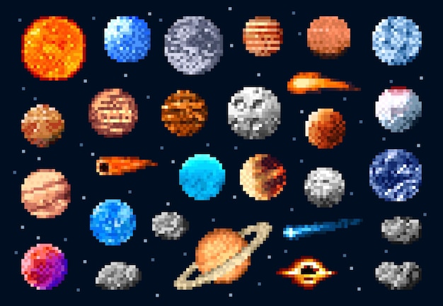 Pixel espacio planetas y estrellas asteroides o cometas