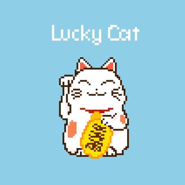 pixel gato afortunado agitando la mano Feng Shui símbolo de la riqueza del éxito mascota personaje lindo buena suerte