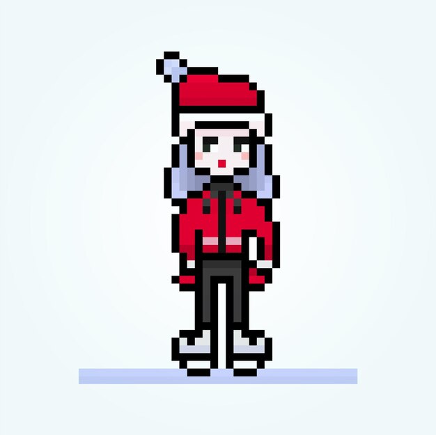 Pixel girl personaje de pie de patinaje sobre hielo en ropa de invierno