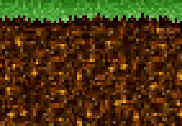 Pixel juego oro mineral, hierba y suelo de fondo