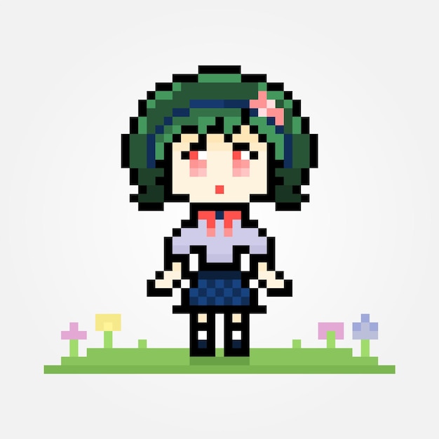 Pixel lindo personaje de anime de niña en hierba