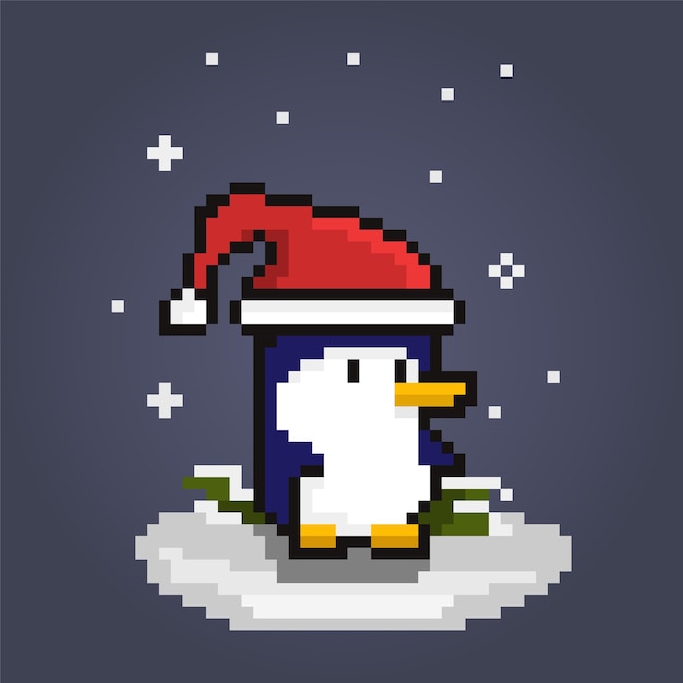 Pixel lindo pingüino sombrero de santa, vacaciones de navidad