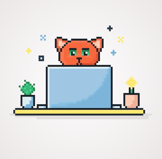 Pixel naranja gato con ilustración de mascota portátil