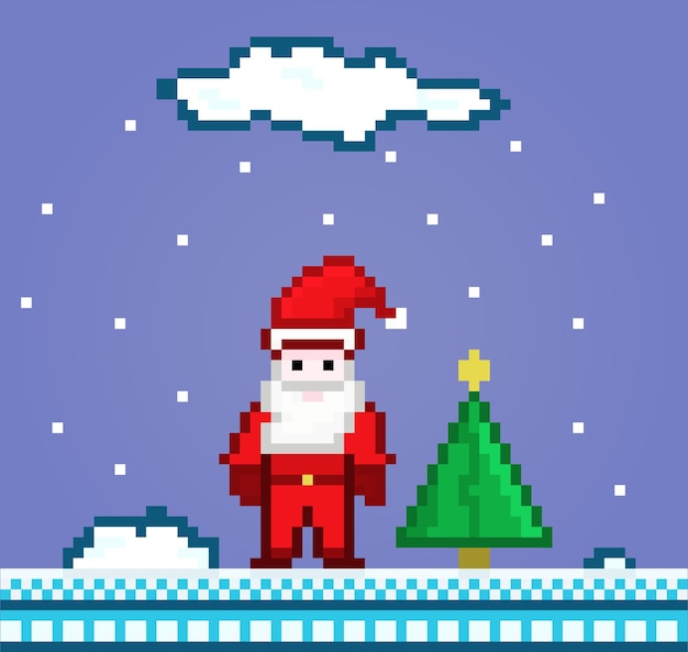 Vector pixel noche de invierno santa de pie con árbol de navidad