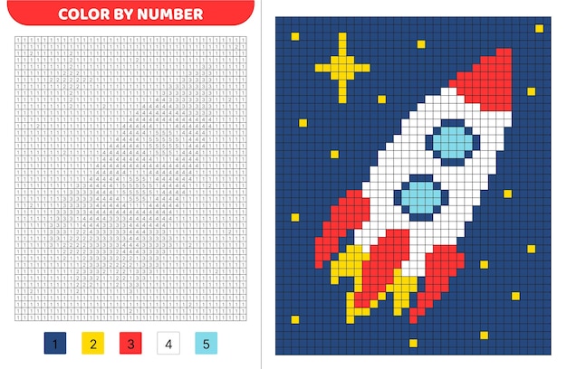 Pixel por número cohete volador libro de colorear pixel cuadrados numerados Juego para niños