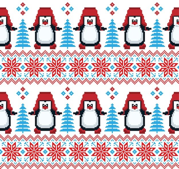 Píxel de patrón de navidad de año nuevo en la ilustración de vector de pingüinos