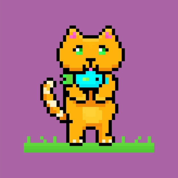 Pixel de pie gato naranja con pescado