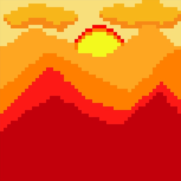 Pixel puesta de sol en las montañas ilustración vectorial