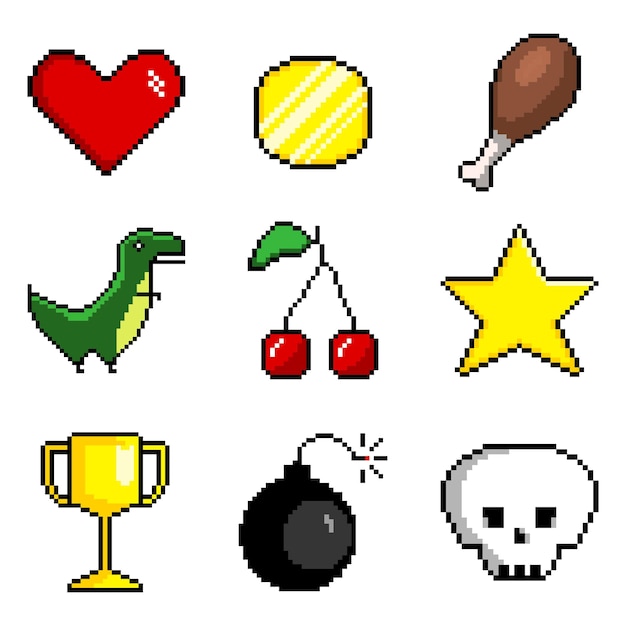 Pixel vector set iconos para juego estilo retro Dinosaurio cereza estrella moneda espada