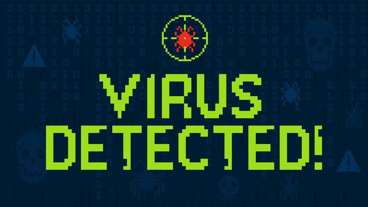 Vector pixelated virus detection alert screen pixel art cybersecurity warning computer malware notification with threat target crosshair and binary code malicious software 8 bit vector illustration