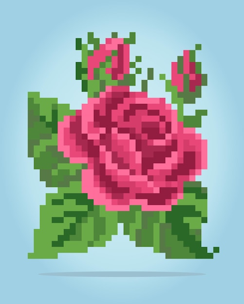 Píxeles de 8 bits de rosas Flores rojas para patrones de punto de cruz en ilustraciones vectoriales