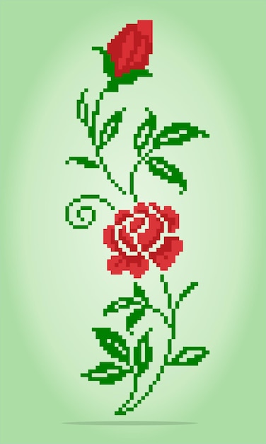 Píxeles de 8 bits de rosas Flores rojas para patrones de punto de cruz en ilustraciones vectoriales