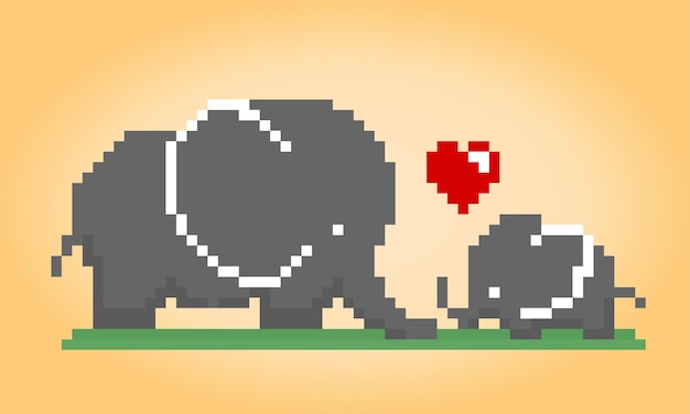 Píxeles de elefante de 8 bits Animales en ilustraciones de madres elefantes vectoriales y sus hijos