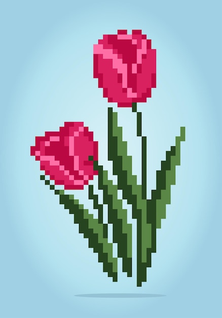 Píxeles de flor de tulipán de 8 bits flores rojas para patrones de punto de cruz en ilustraciones vectoriales