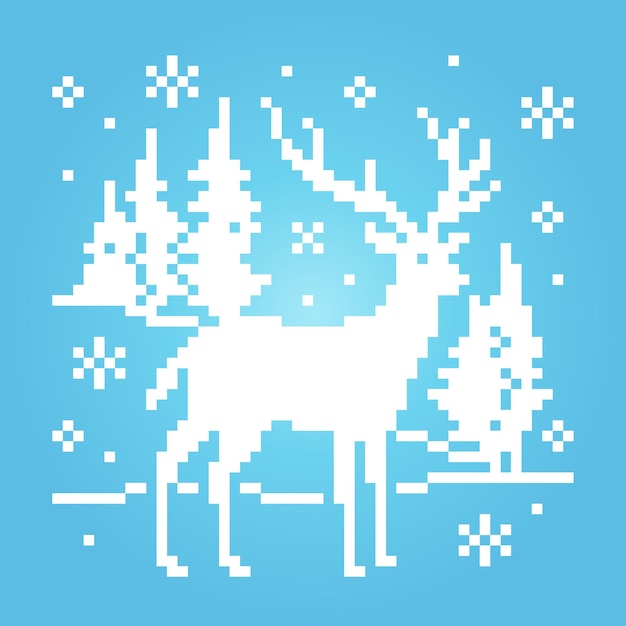 Píxeles de nieve de 8 bits y ciervos Animales para juegos de activos en ilustraciones vectoriales Ciervo en invierno