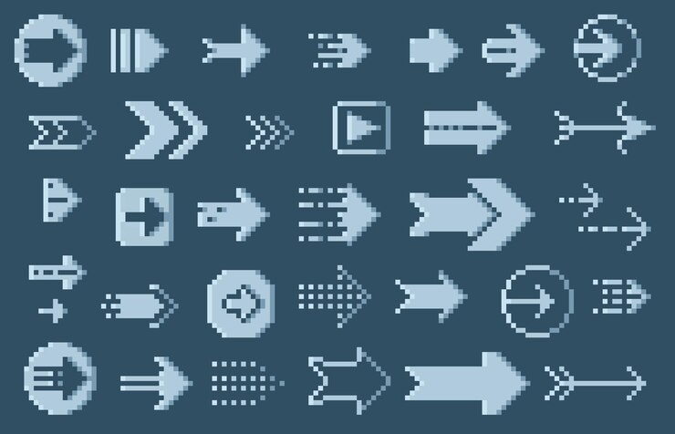Vector pixeleted retro flechas cursores de navegación de 8 bits elementos de la interfaz de usuario de juego de píxeles retro iconos de aplicaciones de los años 90 colección de símbolos de puntero cuadrado vectorial