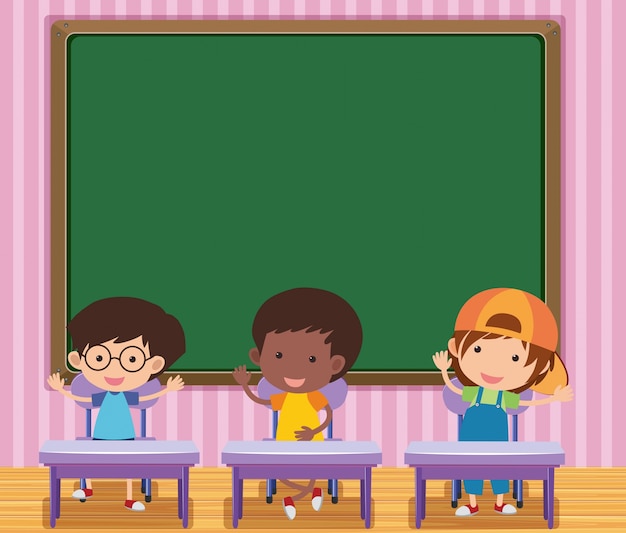 Niños Pequeños En La Pizarra En El Aula, Marco Con Un Espacio De Copia  Ilustraciones svg, vectoriales, clip art vectorizado libre de derechos.  Image 37393513