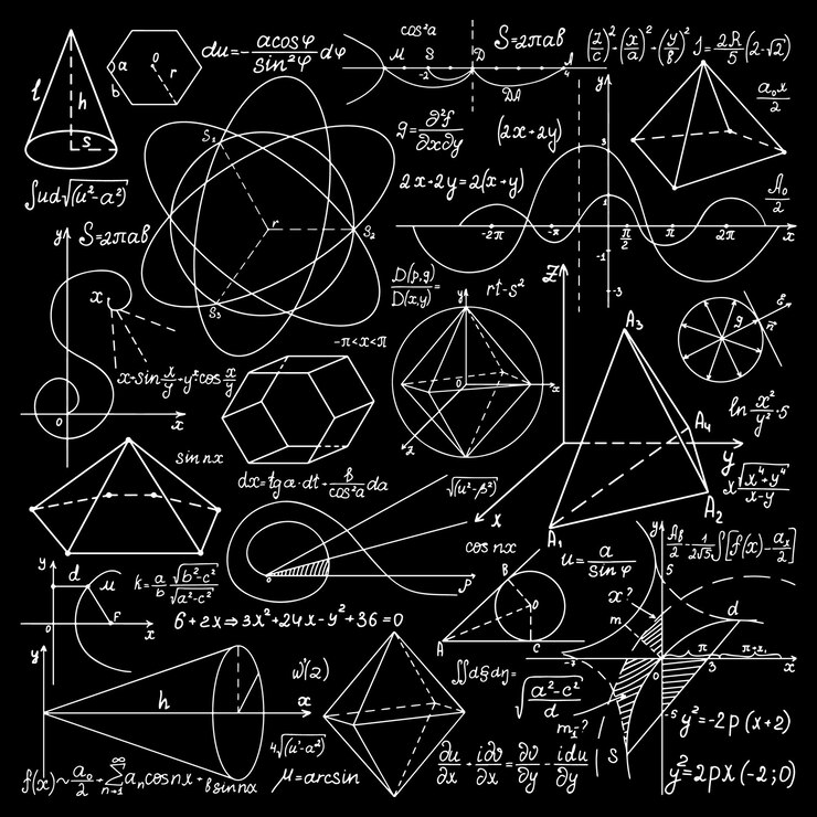 Vector pizarra con fórmulas matemáticas y geométricas de líneas finas. fondo de patrón matemático.