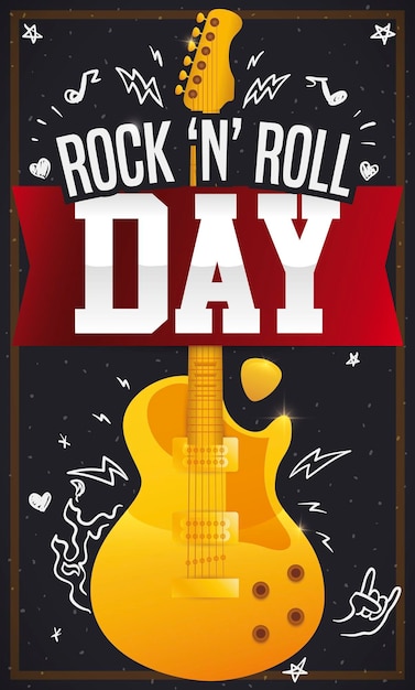 Pizarra y guitarra eléctrica dorada para el Rock N Roll Day