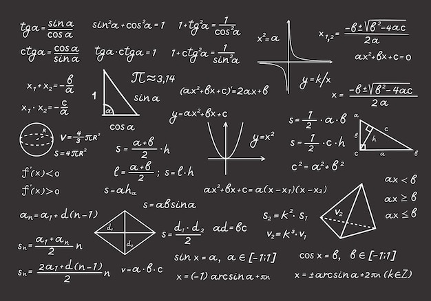 Pizarra en la ilustración de fórmulas y cálculos matemáticos. Computación algebraica con tiza dibujos geométricos ecuaciones básicas y teoremas escolares y universitarios. Educación vectorial.