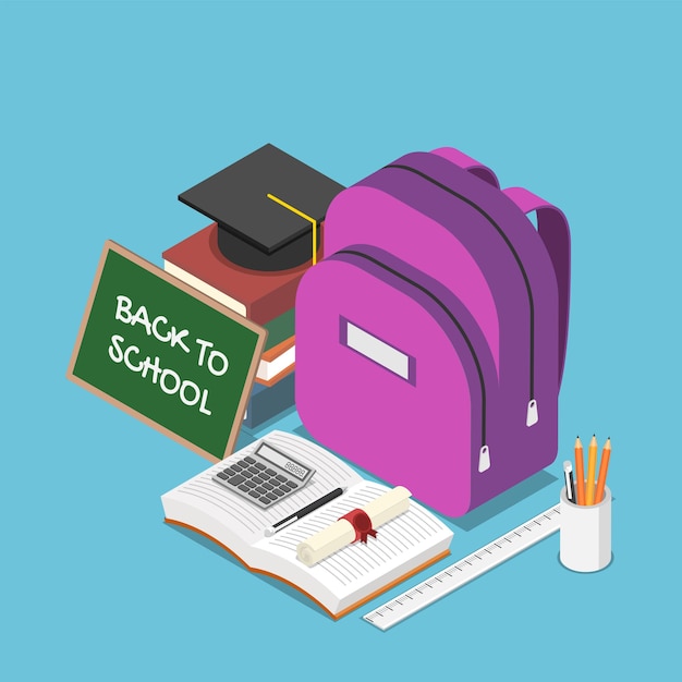 Pizarra isométrica plana 3d con texto de regreso a la escuela y una mochila, papelería, libros, gorro de graduación. Volver al concepto de escuela y educación.