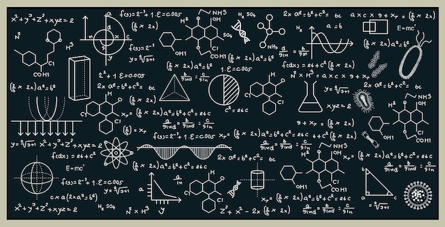 Pizarra con matemáticas y ciencias escribiendo en la pizarra