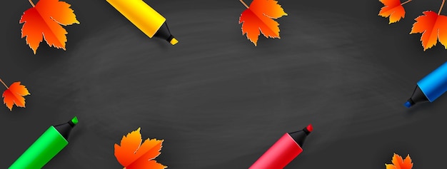Pizarra de regreso a la escuela con marcadores de colores y hojas de otoño Plantilla para su texto Vector