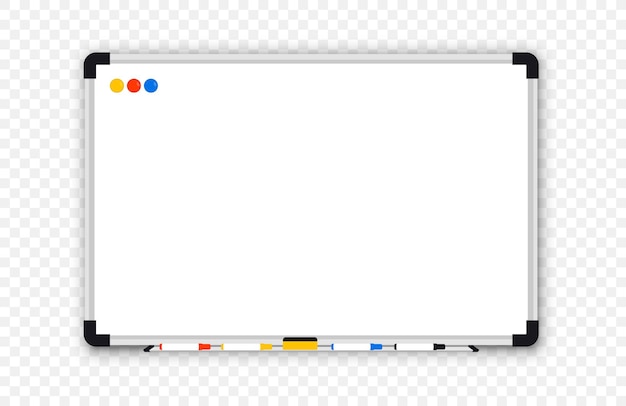 Pizarron. tablero de marcador blanco de oficina vacía realista. pizarra con rotuladores y esponja
