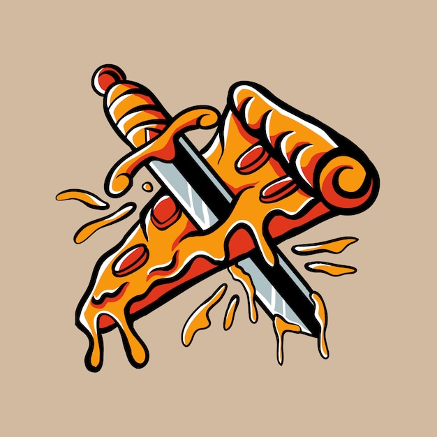 Vector pizza apuñalada por una espada