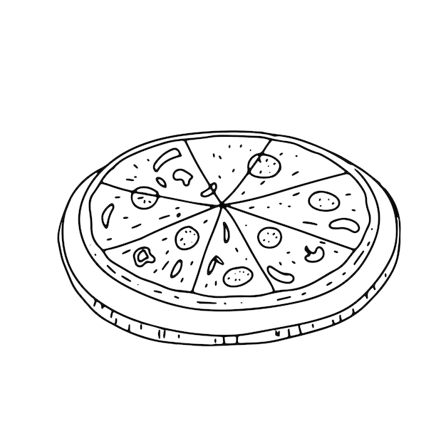 Pizza a bordo Ilustración de garabateo Esbozo de contorno vectorial aislado en blanco