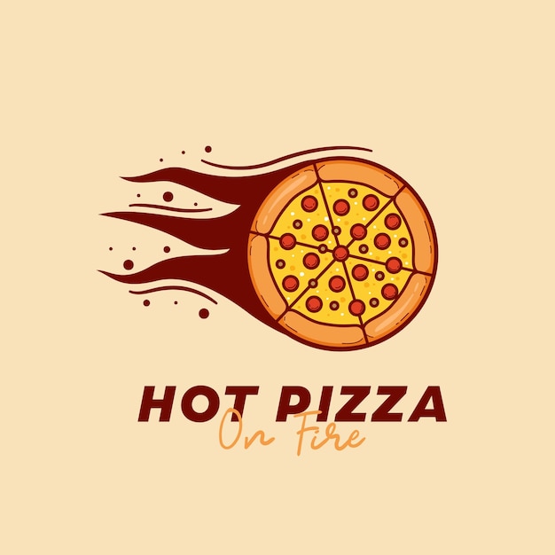 Pizza caliente en el logo del restaurante pizzería de fuego
