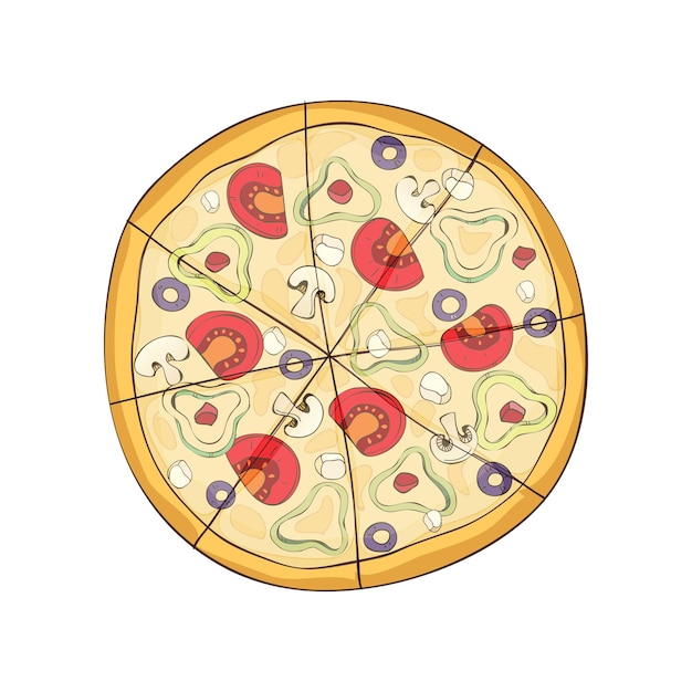 Pizza con champiñones, verduras y queso Ilustración vectorial sobre fondo blanco