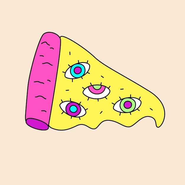 Pizza colorida con todos los ojos que ven Ilustración de garabato dibujado a mano