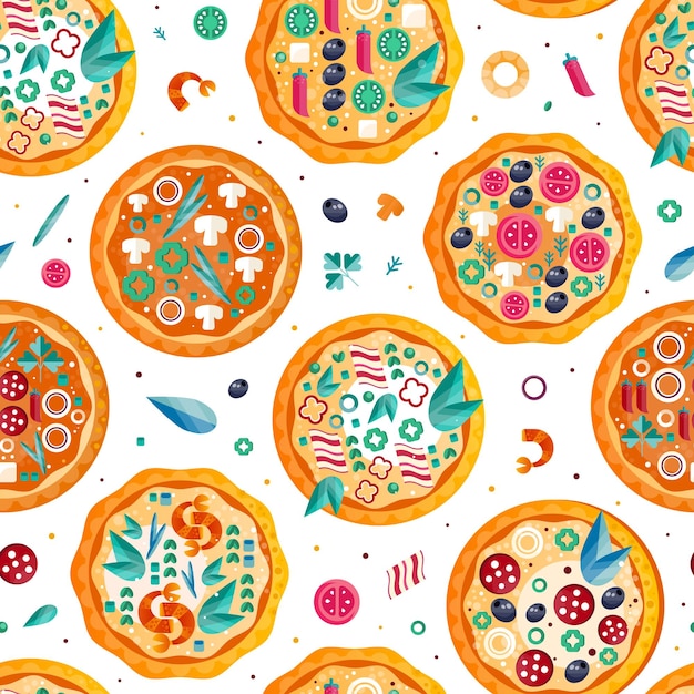 Pizza como masa redonda horneada con diferentes ingredientes Vector plantilla de patrón sin costuras