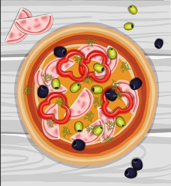 Pizza dibujada a mano en la tabla de cortar Ilustración vectorial