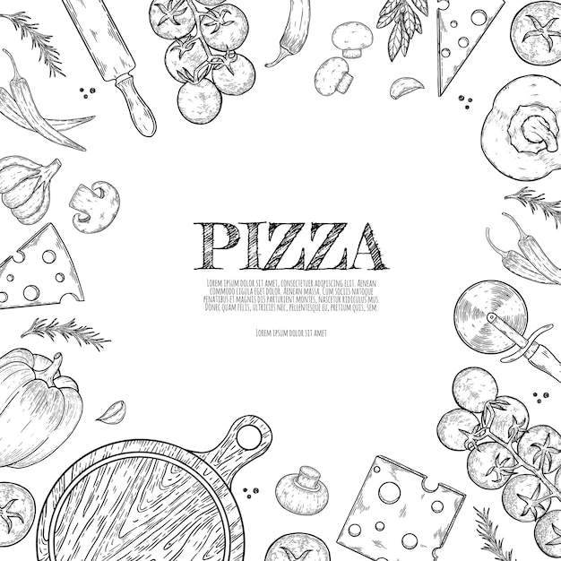 Pizza dibujado a mano dibujos animados garabatos ilustración Diseño de elementos y objetos de pizzería Fondo de arte creativo Fondo de vector de arte de línea