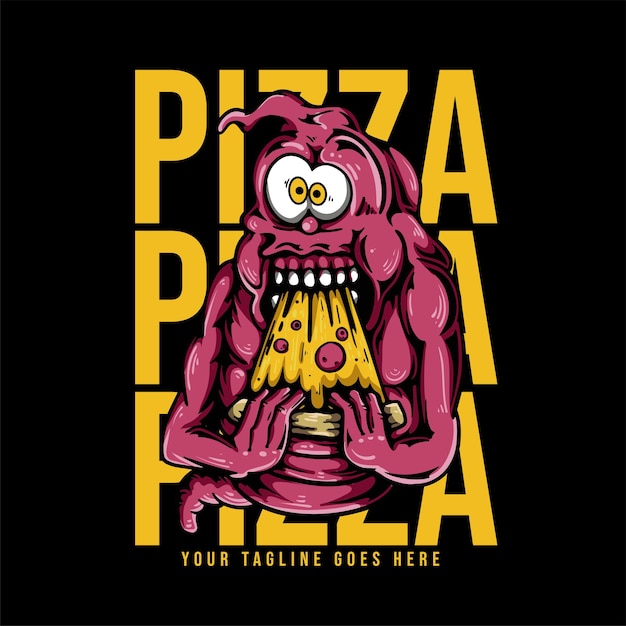 Pizza de diseño de camiseta con monstruo loco comiendo pizza con ilustración vintage de fondo negro