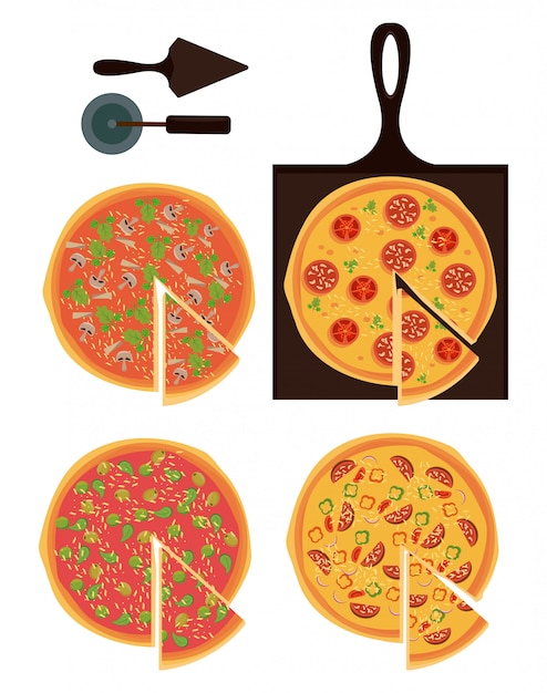 Vector pizza e ingredientes set iconos