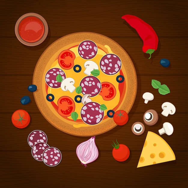 Vector pizza e ingredientes sobre fondo de madera