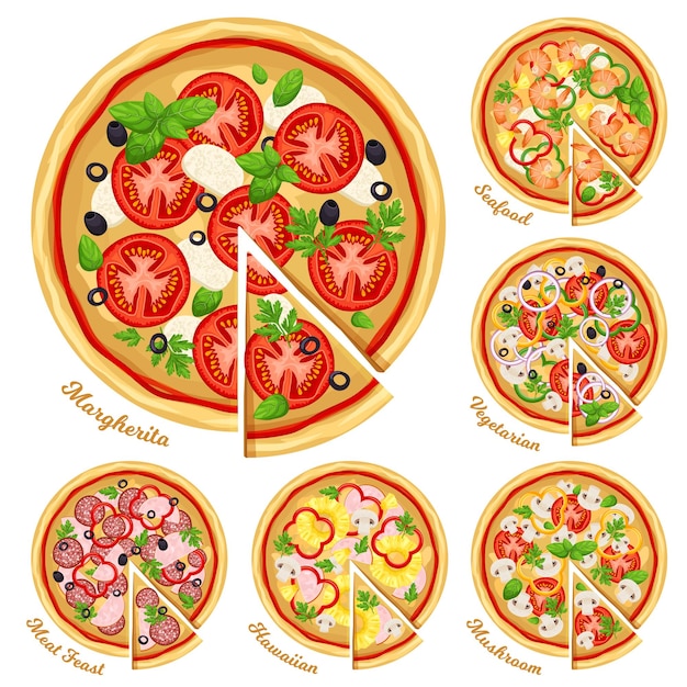 Pizza entera italiana con rebanadas Margarita mariscos vegetariano champiñones fiesta hawaiana y carne