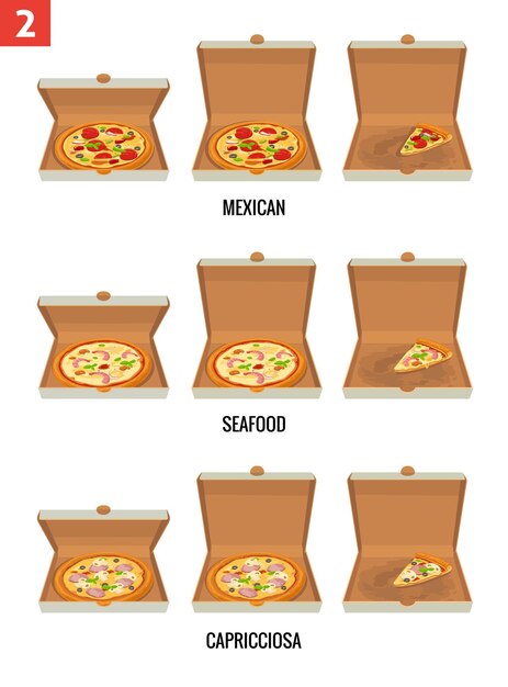 Pizza entera y rebanadas de pizza en caja blanca abierta y semiabierta Mariscos mexicanos Capricciosa Vector ilustración plana aislada para carteles menús folleto web e icono