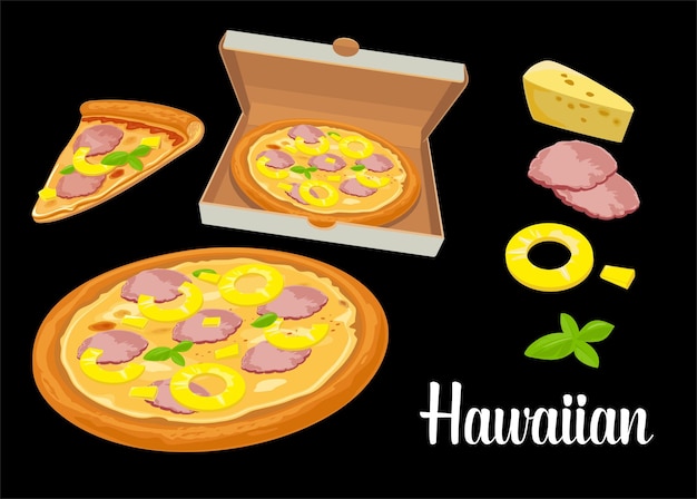 Vector pizza entera y rebanadas de pizza hawaiana en caja blanca abierta ilustración plana vectorial aislada sobre fondo negro para menús de carteles logotipo folleto web entrega negocio comida caja e icono