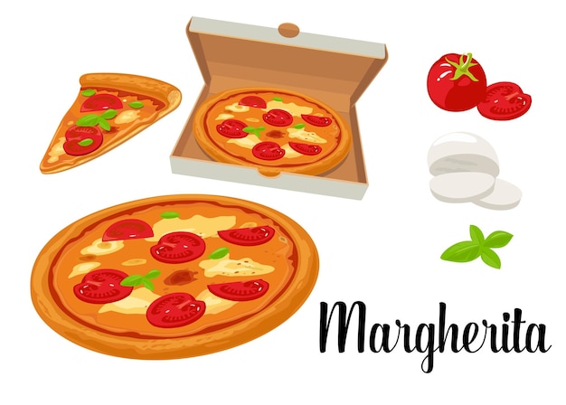 Pizza entera y rebanadas de pizza margherita en caja abierta ilustración plana vectorial aislada sobre fondo blanco