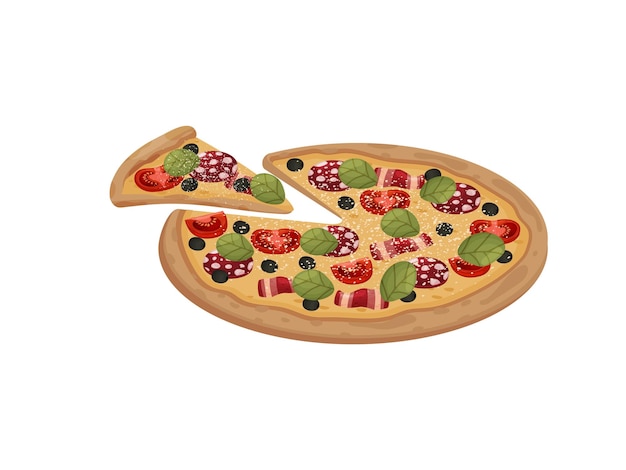Pizza entera con salami y tocino ilustración vectorial sobre fondo blanco