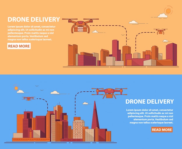 Pizza de entrega de aviones no tripulados de los productos envasados que transportan alimentos para el cliente. Paisaje urbano de la ciudad con rascacielos.
