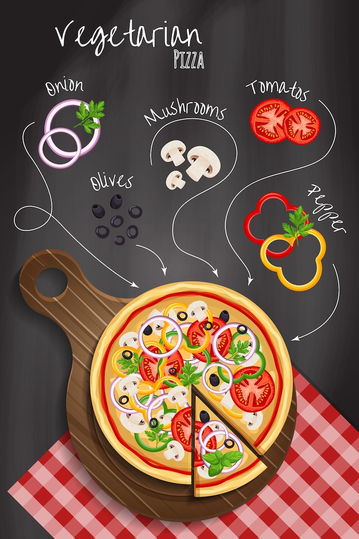Vector pizza en el fondo de la pizarra con los ingredientes para la pizza, pimiento, aceitunas, tomate, etc.