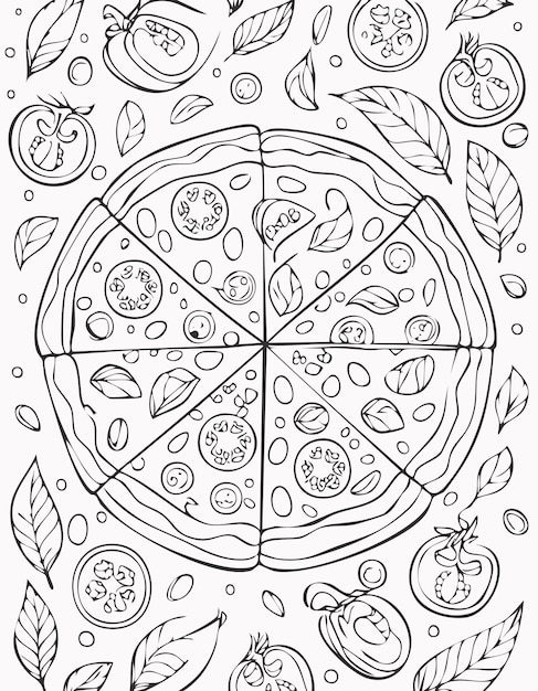 Pizza Food Eatery Meal Coloring Kid Book Página en monocromo en blanco y negro y muestras de color